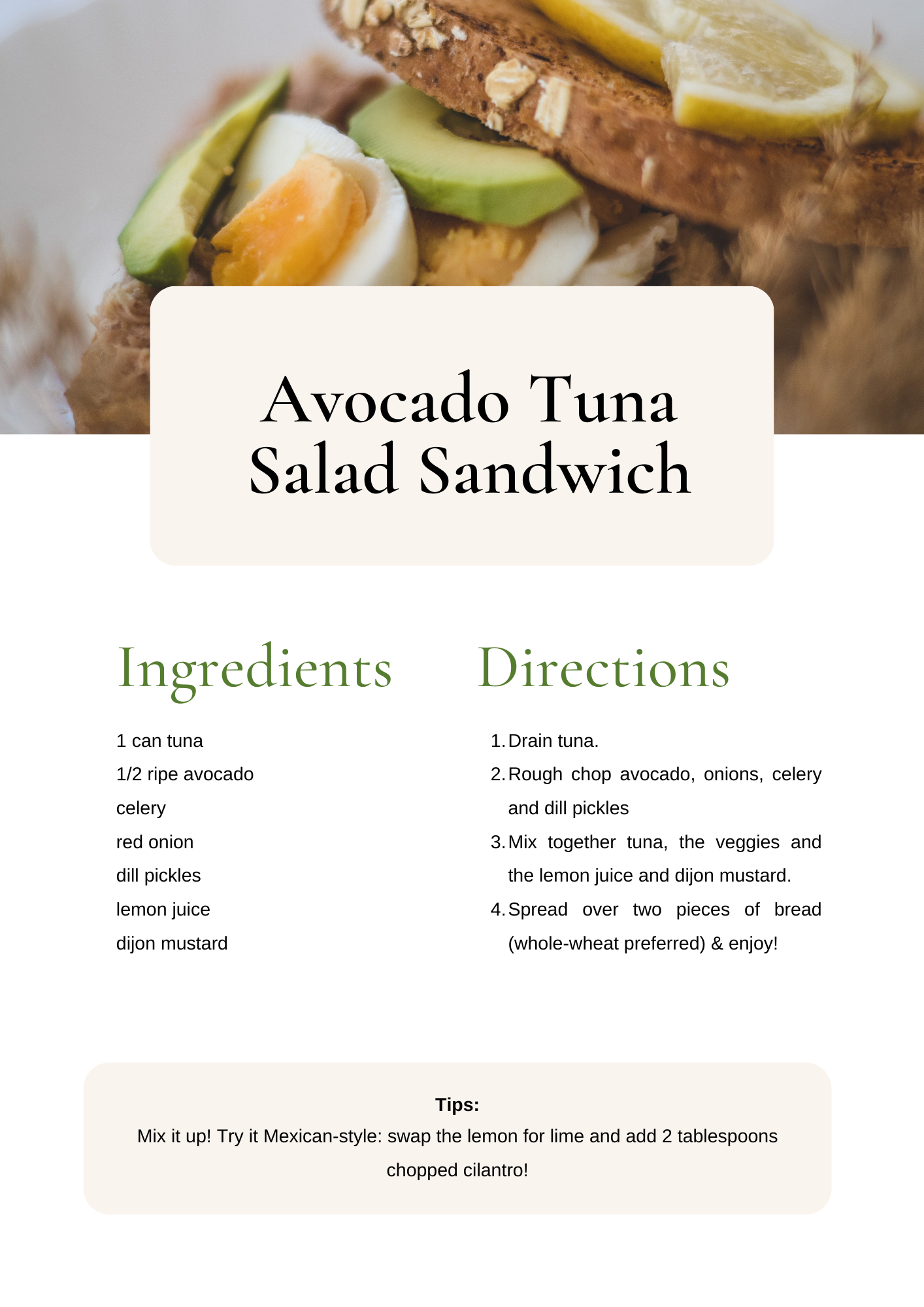 Recipe for Avocado Tuna Sandwich